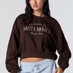 Santa Monica Embroidered Cropped Fleece Sweatshirt