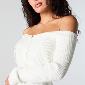 Ribbed Knit Zip-Up Off Shoulder Sweater