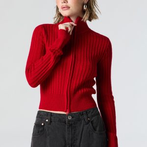 Ribbed Knit Zip-Up Sweater